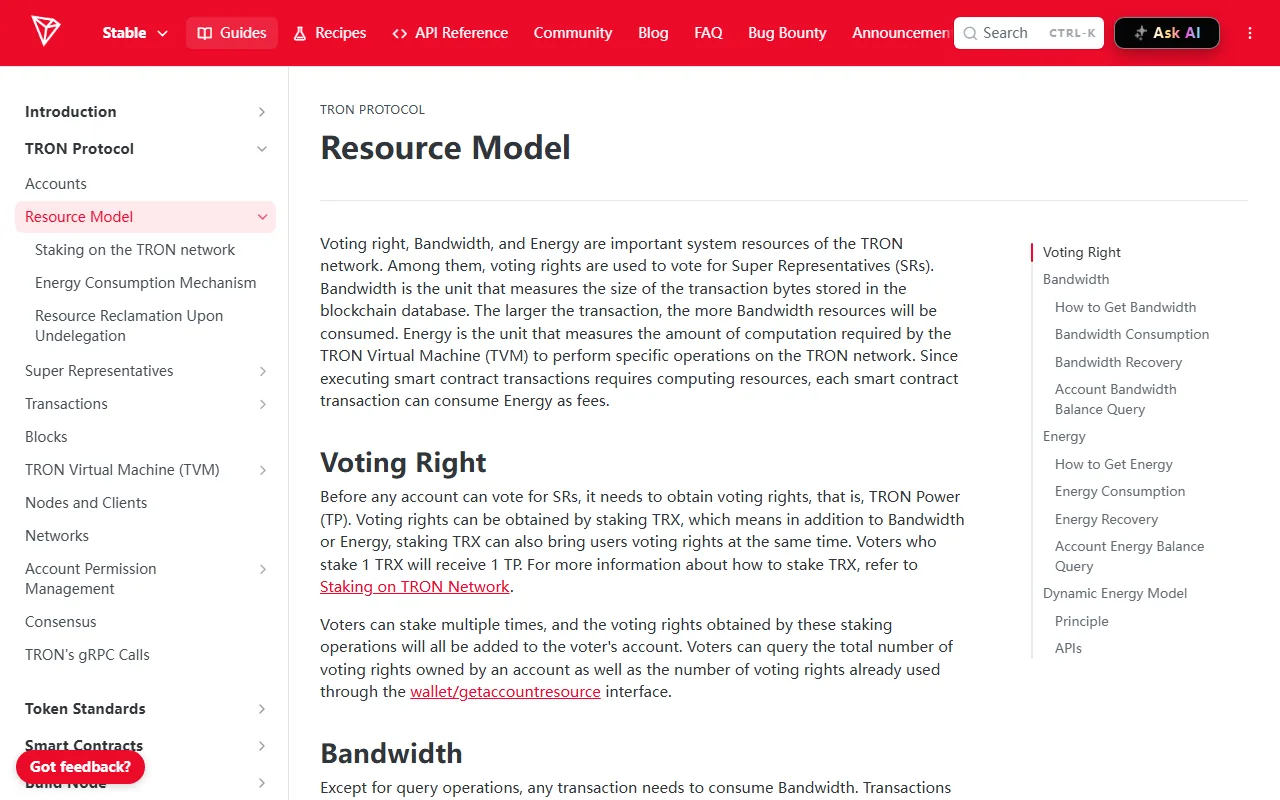 TRON 官方開發文件中的 Bandwidth 與 Energy 資源模型